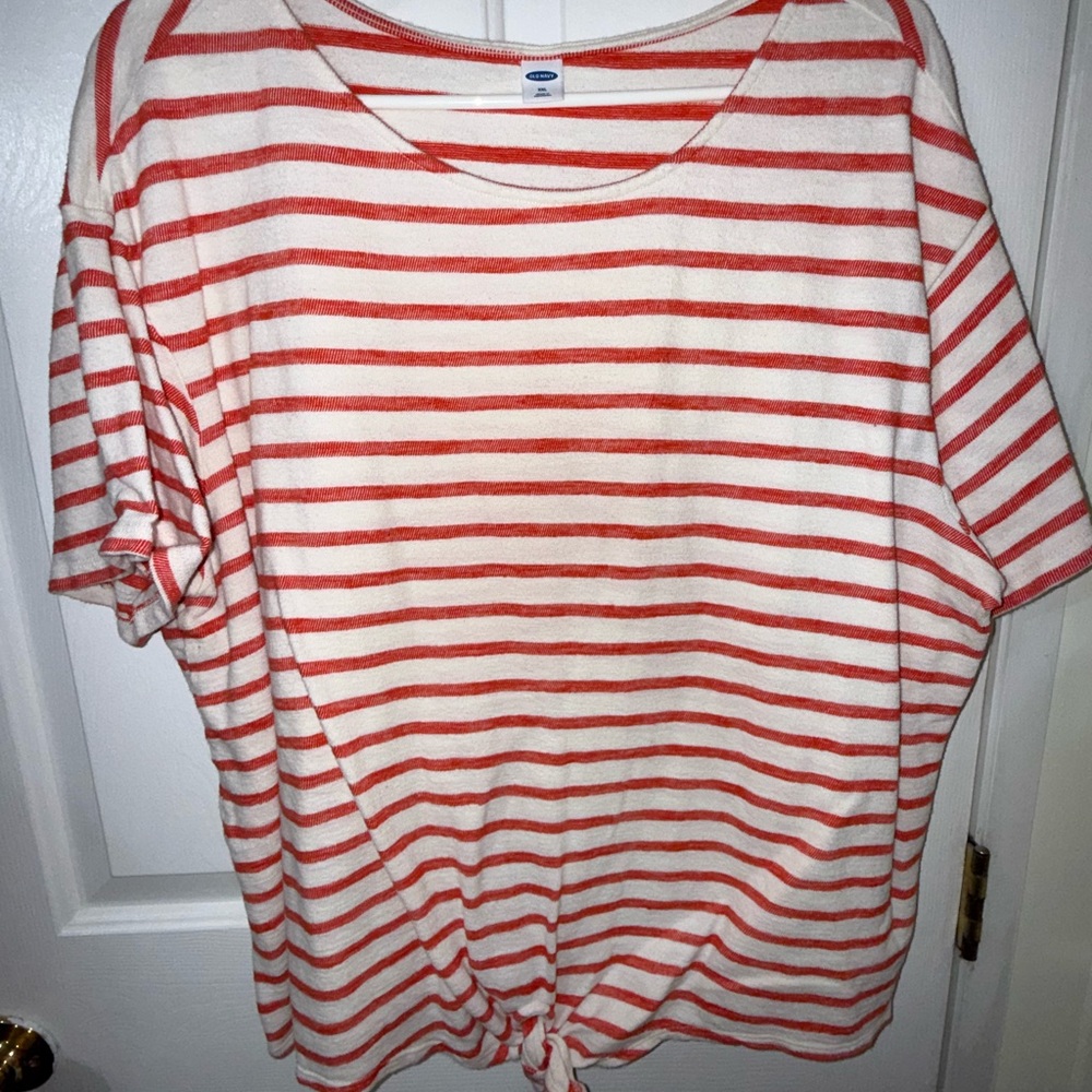 Old Navy Coral and White Striped Tie-Hem Short Sleeve Top
